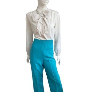 Vintage Bright Aqua Blue Pull On High Waisted Straight Leg Ankle Pants